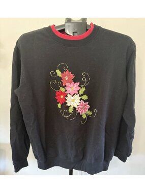 VTG Pleasant Shade Black Floral Embroidery Red Women Sweatshirt Med Womens